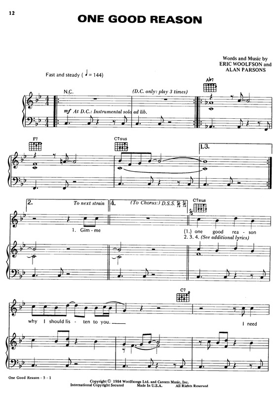 Partitura da música One Good Reason