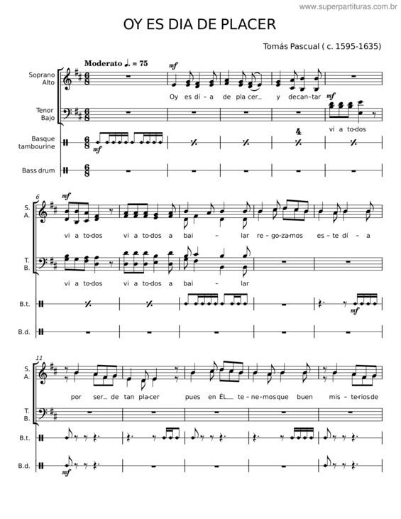 Partitura da música Oy Es Dia De Placer