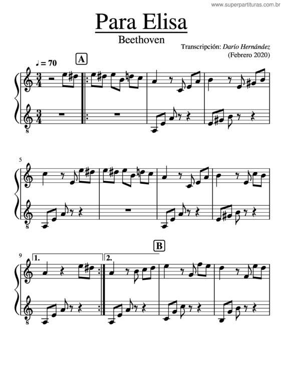 Partitura da música Para Elisa v.2