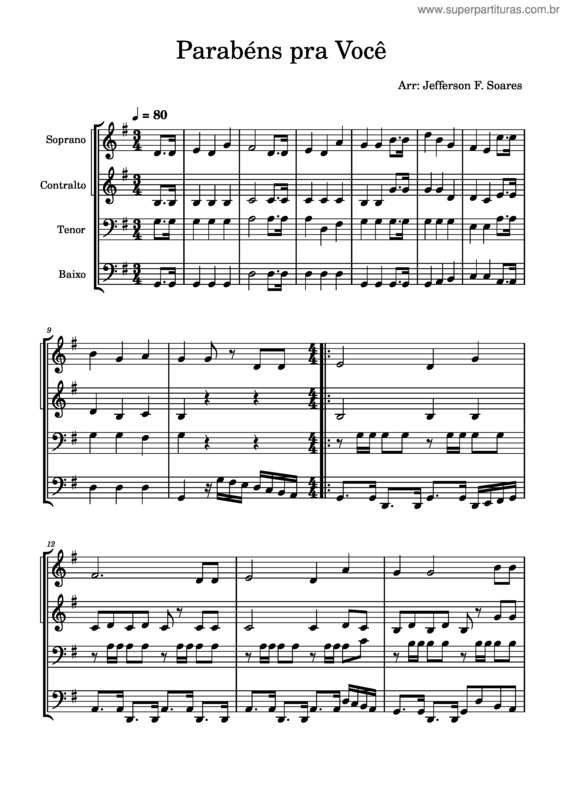 Partitura da música Parabéns Pra Você 4 Vozes