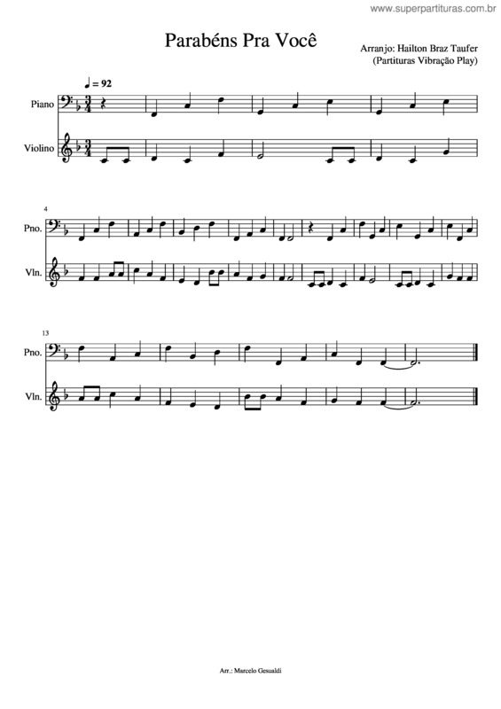 Partitura da música Parabéns Pra Você v.29