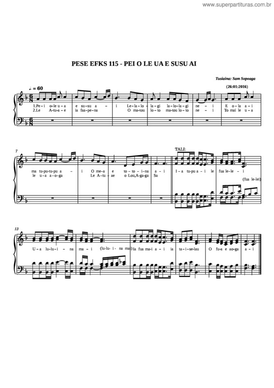 Partitura da música Pese 115-Pei O Le Ua E Susu Ai