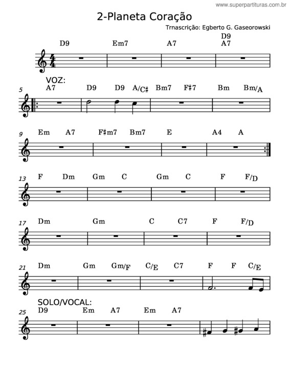 Partitura da música Planeta Coração