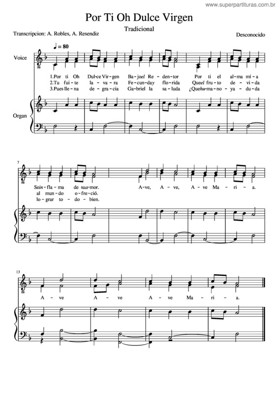 Partitura da música Por Ti Oh Dulce Virgen