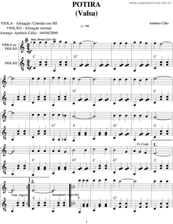 Partitura da música Potira