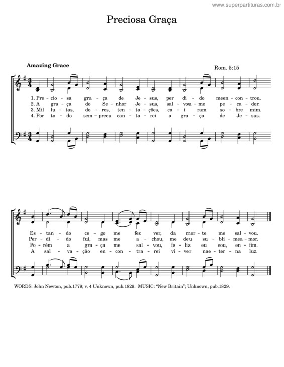 Partitura da música Preciosa Graça – John Newton v.2