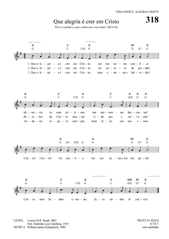 Partitura da música Que Alegria é Crer Em Cristo