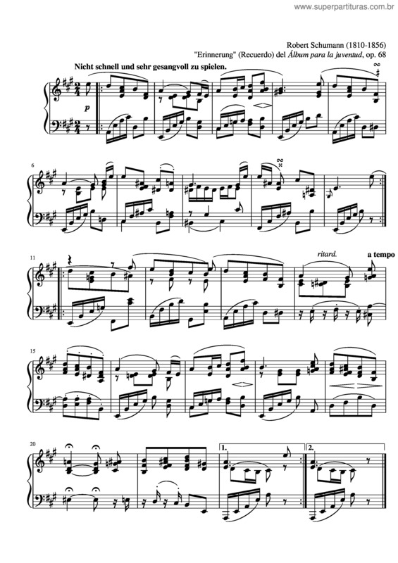 Partitura da música R. Schumann: Álbum Para La Juventud, Op. 68 Erinnerung