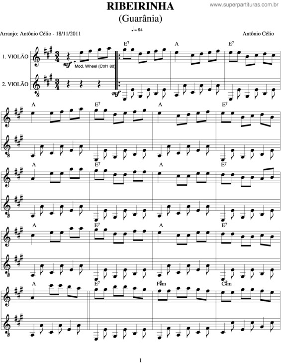 Partitura da música Ribeirinha