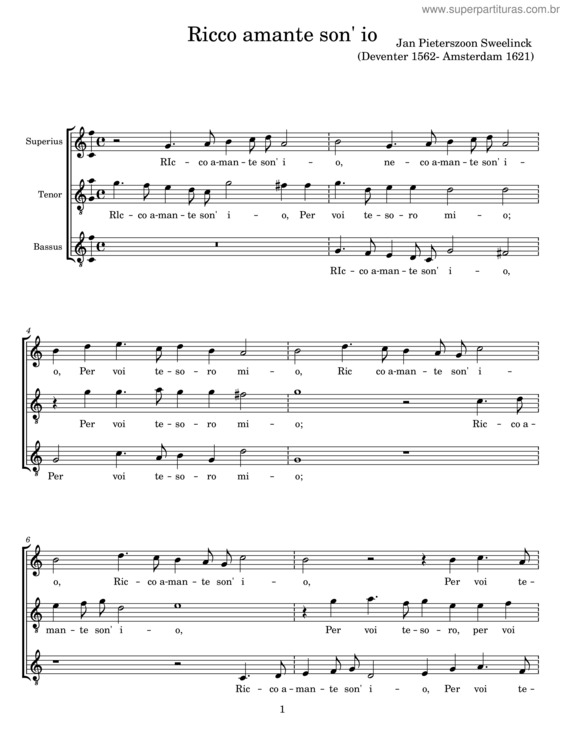 Partitura da música Ricco Amante Son` Io – Jan Pieterszoon Sweelinck