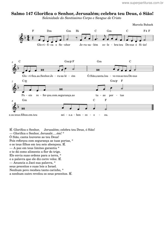 Partitura da música Salmo 147 Glorifica O Senhor, Jerusalém; Celebra Teu Deus, Ó Sião!