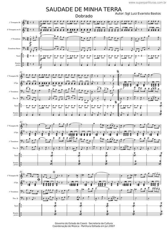 Partitura da música Saudade De Minha Terra Para Três Metais