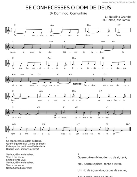 Partitura da música Se Conhecesses O Dom De Deus