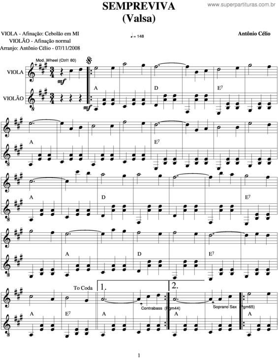 Partitura da música Sempreviva