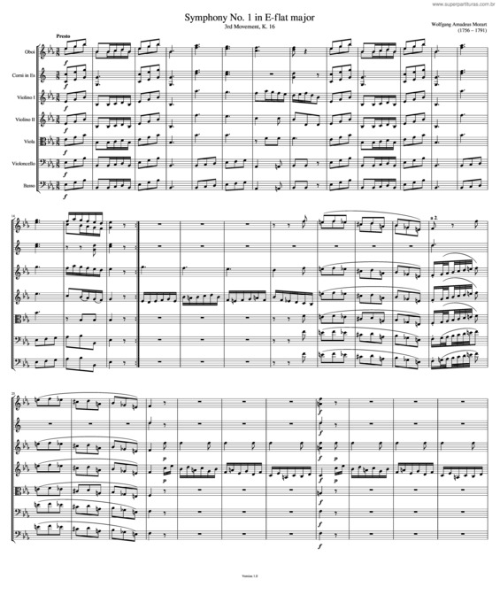 Partitura da música Symphony No. 1 In E-Flat Major 3Rd Movement K. 16 V1.0