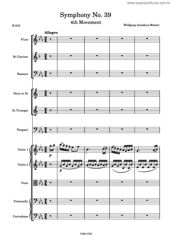 Partitura da música Symphony No. 39 In E-Flat Major, K.543, 4Th Movement