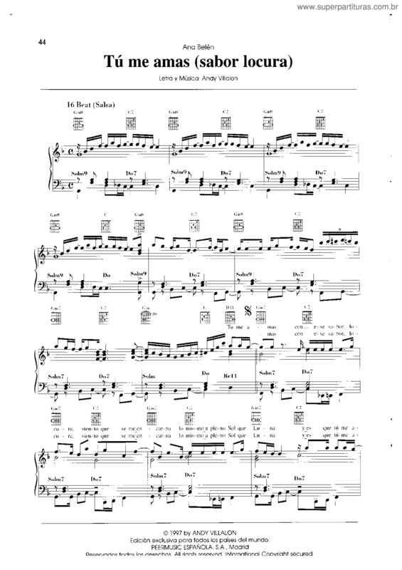 Partitura da música Tu Me Amas