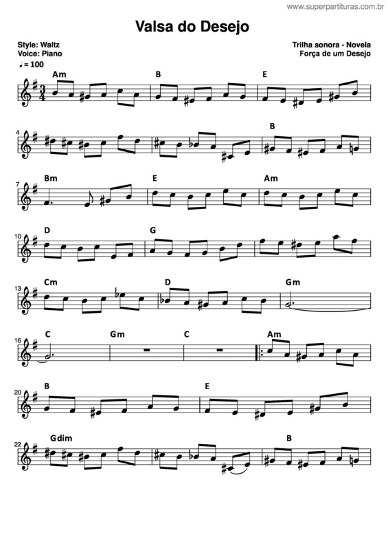 Partitura da música Valsa Do Desejo (Força de Um Desejo)