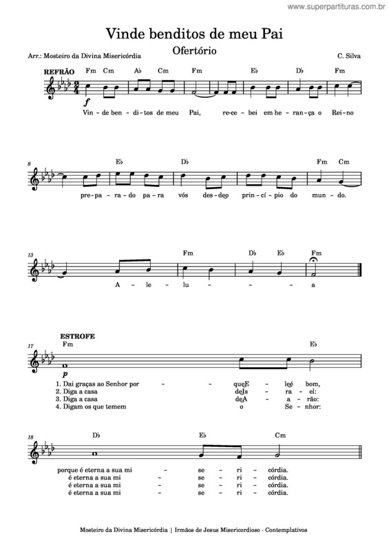 Partitura da música Vinde Benditos De Meu Pai