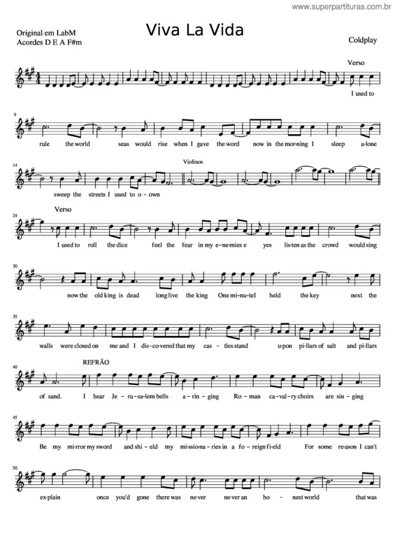 Partitura da música Viva La Vida Coldplay