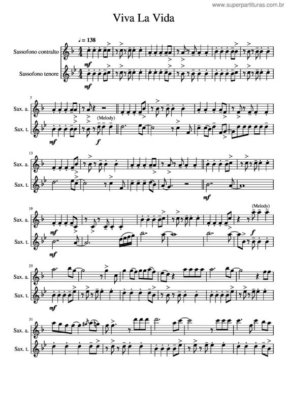 Partitura da música Viva La Vida Sax Duet