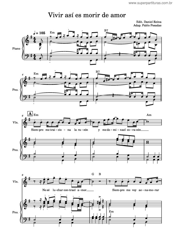 Partitura da música Vivir Así Es Morir De Amor v.2