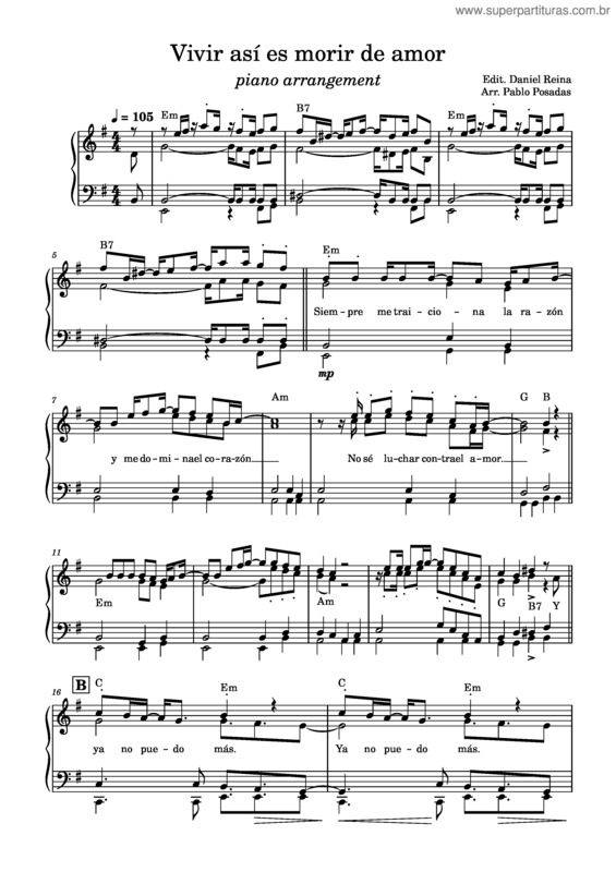 Partitura da música Vivir Así Es Morir De Amor